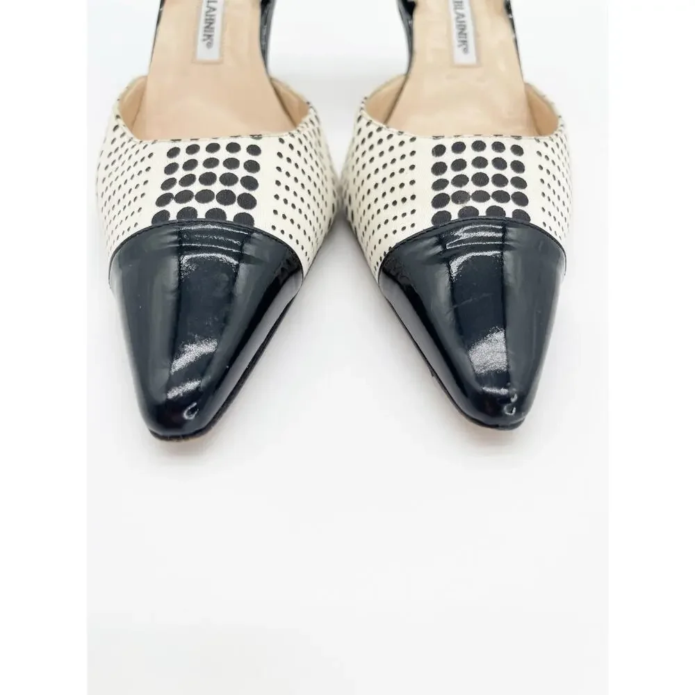 Manolo Blahnik Vintage Black White Polka Dot Cap Toe Slingback Heels IT 42